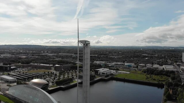 Aerial of Glasgow city skyline with tower