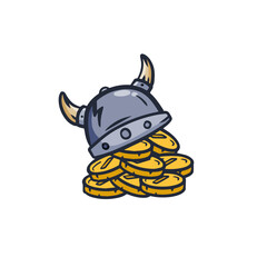 Treasure and knight Viking Helmet. A lot of gold coins and money. Reward in medieval adventure. Heroic concept. Cartoon illustration