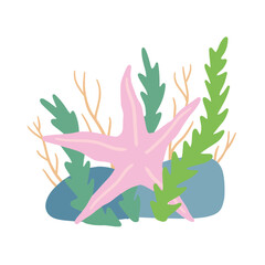 Starfish on seabed with rocks and algae. Decoration of water and ocean. Flat cartoon illustration isolated on white