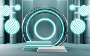 3D render of Podium background in blue tones for displaying cream products. cosmetics