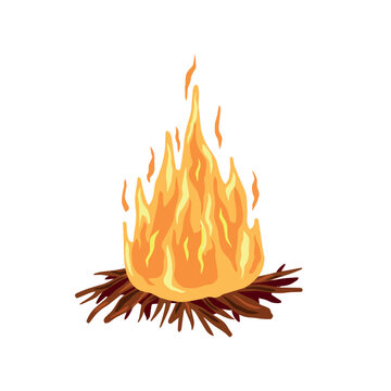 Bonefire or campfire. Orange fire and flame. Element of a hike. Heat and hot object. Cartoon flat illustration