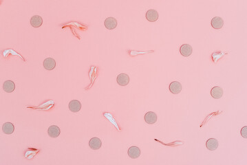 Confetti and petals from wedding bouquet of flowers put on pink studio surface. Still-life composition of pink particles and decorations
