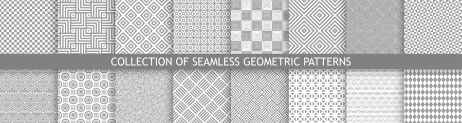 Collection of white and gray seamless geometric striped patterns. Abstract repeatable mosaic backgrounds. Monochrome stylish tile decorative textures.