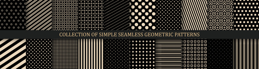 Collection of vector geometric seamless patterns. Simple striped and dotted textures - repeatable black backgrounds. Monochrome unusual design, minimalistic textile prints