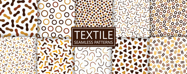 Set of vector seamless patterns with colorful mosaic shapes. Trendy abstract bright backgrounds. Simple unusual textile prints, stylish textures