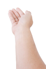 Obraz premium Male asian hand gestures isolated over the white background. Beg Action. First person view.