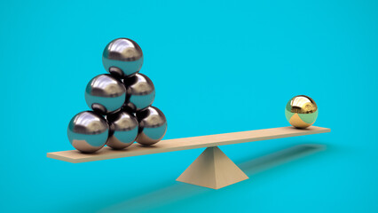 One gilded ball outweighs several metal balls on a swing. 3D rendering. Minimalism. Abstraction. Balance concept. Not like everyone else