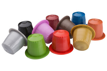 A bunch of multi-colored capsules with ground coffee, for a capsule coffee machine, an assortment of flavors, on a white background, isolate