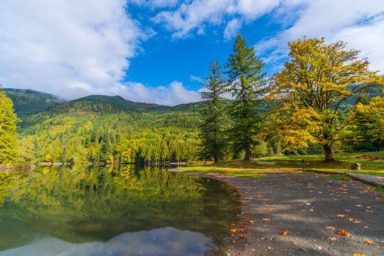 Autumn forest on the riverside, marvel at amazing views of the Silver Lake. Silver Lake Campground, Fall Time, North Cascades Region