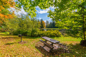 Great campsites with picnic tables and fire pits. FAll colors in Silver Lake Campground, Fall Time, North Cascades Region