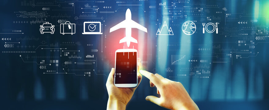 Flight ticket booking concept with person using a smartphone