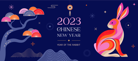 Chinese new year 2023 year of the rabbit - Chinese zodiac symbol, Lunar new year concept, colorful modern background design