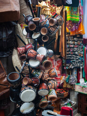 Small drums: arabic musical instruments at the local souvenir shop in Granada