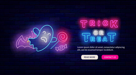 Trick or treat neon promotion. Happy Halloween celebration. Ghost icon. Season event. Vector stock illustration