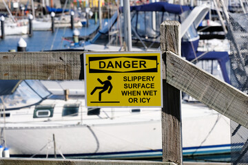 Danger slippery surface when wet or icy sign, yellow and black with person slipping, caution signage at harbour marina with boats, yachts and water
