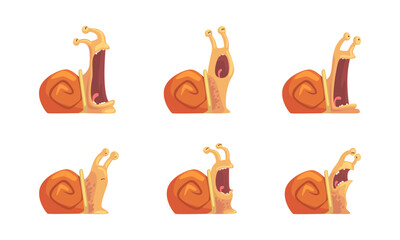 Emotions of funny snail set. Brown helix screaming, yawning and laughing cartoon vector illustration © topvectors