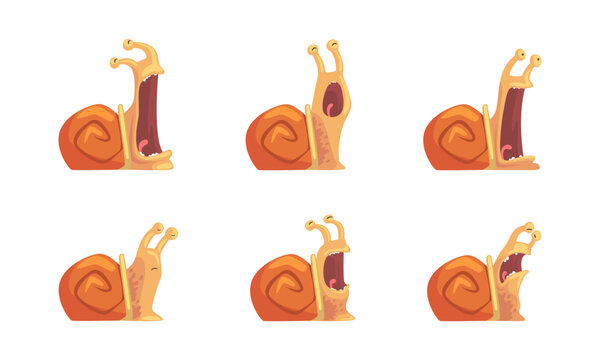 Emotions of funny snail set. Brown helix screaming, yawning and laughing cartoon vector illustration