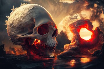 An apocalyptic ruin, still lit by an explosion, contains a skull of fire in the middle of an explosion. Halloween style in the dim light. A visual 3D illustration and digital art.