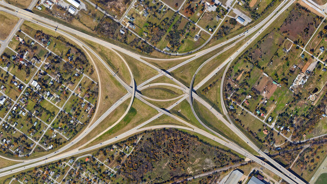 Raod, Highway, Flyover Road Junction - Spaghetti And Roundabout Looking Down Aerial View From Above, Bird’s Eye View Expressway And Intersection Landscape, Tulsa, Oklahoma, USA