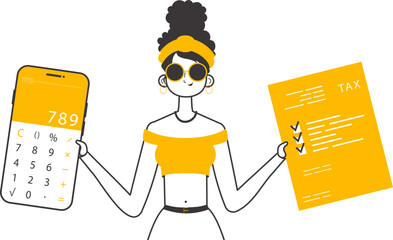 The girl is holding a calculator and a tax form in her hands. Minimalistic linear style. Isolated. Vector illustration.