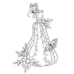 Linear botanical sketch of a pumpkin with flowers, autumn leaves and butterflies. Atmospheric autumn antistress coloring book. Isolated vector graphic.