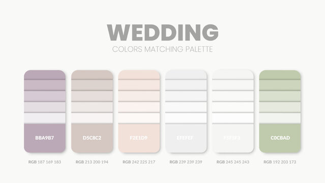 Wedding color scheme. Color Trends combinations and palette guide. Example of table color shades in RGB and HEX. Color swatch for fashion, home, interiors design 2022. Colour chart idea vector.