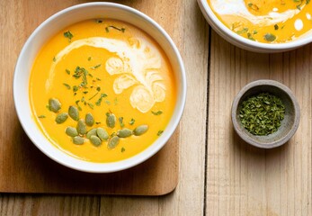 Yellow Pumpkin Soup with cream, pumpkin seed, and parsley on wooden background. Copy space. Top view.