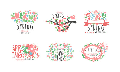 Spring labels set. Bright colorful labels with blooming tree branches vector illustration