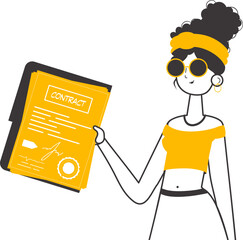 A woman holds a contract in her hands. Lineart trendy style. Isolated. Vector illustration.