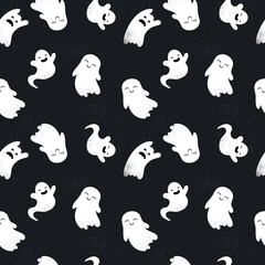 Ghost vector illustrations for kids on Halloween. Hand drawn ghosts seamless pattern, cute and spooky Halloween background, great for textiles, wrapping, cloth, banners, wallpapers - vector design