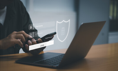 men use smartphones to protect personal information virtual lock screen icon, password two factor...
