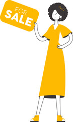 The girl is a specialist in the sale of real estate. Minimalistic linear style. Isolated. Vector illustration.