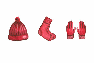 red knitted hat with pompon, socks, gloves, mittens, for autumn, winter, spring, for sports watercolor illustration