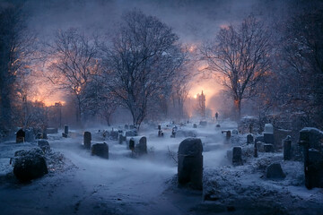 Cemetery covered by snow in winter. Dramatic sky background. - obrazy, fototapety, plakaty