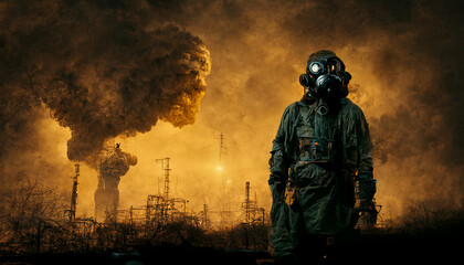 Post apocalyptic survivor in gas mask. Environmental disaster, armageddon concept.Digital art.