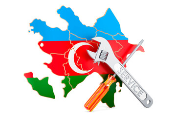 Azerbaijani map with screwdriver and wrench, 3D rendering