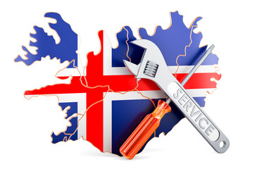 Fototapeta premium Icelandic map with screwdriver and wrench, 3D rendering