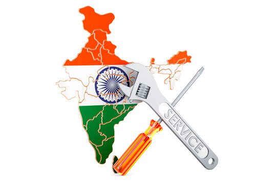 Indian map with screwdriver and wrench, 3D rendering