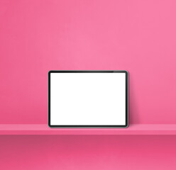Digital tablet pc on pink wall shelf. Square background banner