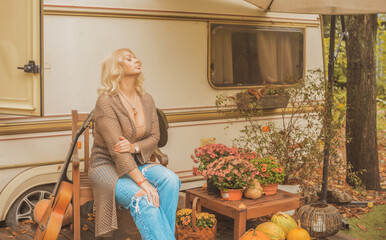  European blonde tanned woman in Boho style, enjoy the life. Life of happy nice natural beauty woman. Concept of vintage style