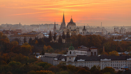 Panorama of the old city of Lviv at sunset in autumn.