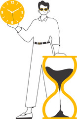The guy is holding a watch. Time management concept. Minimalistic linear style. Isolated. Vector illustration.