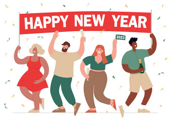 Happy New Year horizontal poster with different people. Modern colorful vector flat illustration isolated on white background.