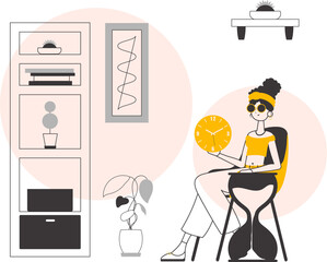 The girl is holding a watch in her hands. Time management concept. Minimalistic linear style. Vector illustration.
