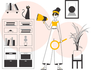 The girl is holding a horn in her hands. Lineart. Vector illustration.