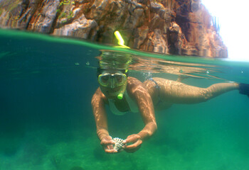 snorkeling at an island in the caribbean sea - obrazy, fototapety, plakaty