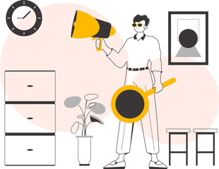 The man is holding a bullhorn in his hands. Lineart. Vector illustration.