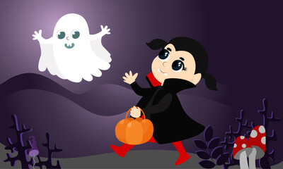 A little cute girl dressed in a vampire costume cheerfully runs with a basket of pumpkins against the background of bushes and fly agaric mushrooms. A child in a black cloak with a large collar.  