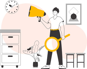 The guy is holding a bullhorn in his hands. Minimalistic linear style. Vector illustration.