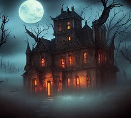 Fototapeta na wymiar scary house, full moon, digital art